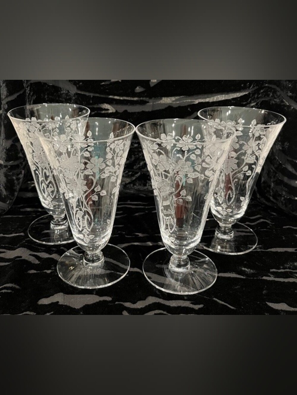 Vintage 1930s Morgantown Baden Etched Crystal Footed Tumblers - Set of 4 (1930s)